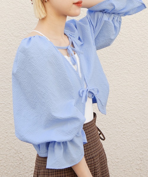 w closet（ダブルクローゼット）の「【２WAY】リボンレース付きギンガムプルオーバー（シャツ/ブラウス・レディース・ブラック/サックスブルー/オフホワイト・FREE）」の6枚目の写真