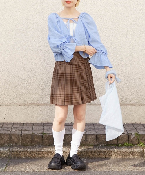 w closet（ダブルクローゼット）の「【２WAY】リボンレース付きギンガムプルオーバー（シャツ/ブラウス・レディース・ブラック/サックスブルー/オフホワイト・FREE）」の9枚目の写真