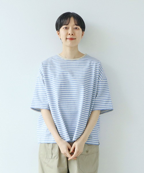 PAR ICI（パーリッシィ）の「ボーダー配色バインダー 5分袖BIG Tシャツ（Tシャツ/カットソー・レディース・グリーン/ピンク系その他/サックスブルー/ブラック/ライトブルー/オレンジ/イエロー/カーキ/マスタード/ダークブラウン/グリーン系その他/ピンク系その他2・FREE）」の6枚目の写真