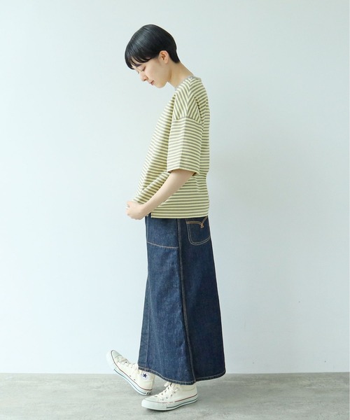 PAR ICI（パーリッシィ）の「ボーダー配色バインダー 5分袖BIG Tシャツ（Tシャツ/カットソー・レディース・グリーン/ピンク系その他/サックスブルー/ブラック/ライトブルー/オレンジ/イエロー/カーキ/マスタード/ダークブラウン/グリーン系その他/ピンク系その他2・FREE）」の18枚目の写真