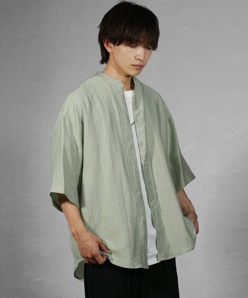 MinoriTY】さらふわリネンバンドカラー半袖シャツ メンズ オーバー