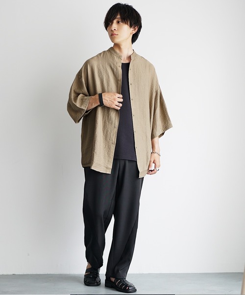 MinoriTY(マイノリティ)の「【MinoriTY】さらふわリネンバンドカラー半袖シャツ メンズ オーバーサイズ ビッグシルエット ルーズフィット 夏服(シャツ/ブラウス・メンズ・ミント/オフホワイト/ベージュ・S/M/L)」の21枚目の写真