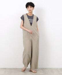 ◆リネンライクVネックオールインワン【ストレッチ/イージーケア/洗濯機洗い可】