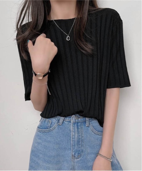 SUGAR BISKET(シュガービスケット)の「五分袖サマーリブニット(Tシャツ/カットソー・レディース・ピンク/ホワイト/パープル/ベージュ/ブラック/ブルーグリーン・フリー)」の13枚目の写真