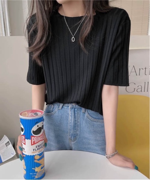 SUGAR BISKET(シュガービスケット)の「五分袖サマーリブニット(Tシャツ/カットソー・レディース・ピンク/ホワイト/パープル/ベージュ/ブラック/ブルーグリーン・フリー)」の14枚目の写真
