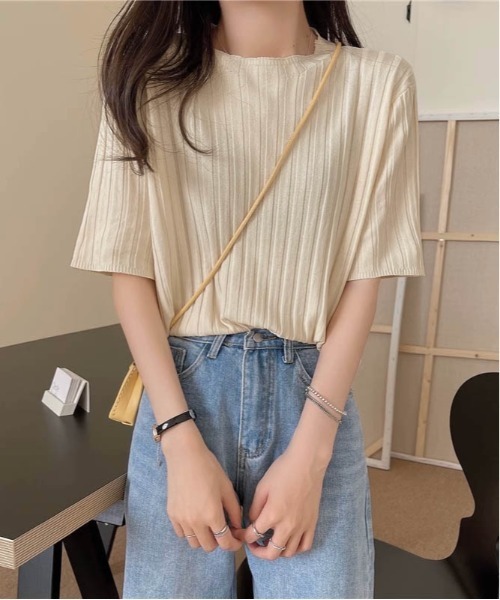 SUGAR BISKET(シュガービスケット)の「五分袖サマーリブニット(Tシャツ/カットソー・レディース・ピンク/ホワイト/パープル/ベージュ/ブラック/ブルーグリーン・フリー)」の9枚目の写真