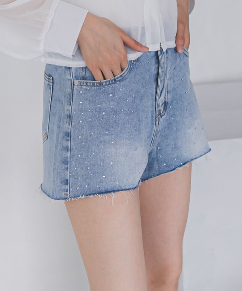 セール】ラインストーン デニムショーツ カットオフ ハーフ