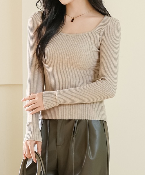 Lace Ladies(レースレディース)の「ソリッドカラー スクエアネック 長袖 リブ ニット プルオーバー(ニット/セーター・レディース・モカ/ホワイト/ブラウン/ブラック/アイボリー/グレー・FREE)」の6枚目の写真
