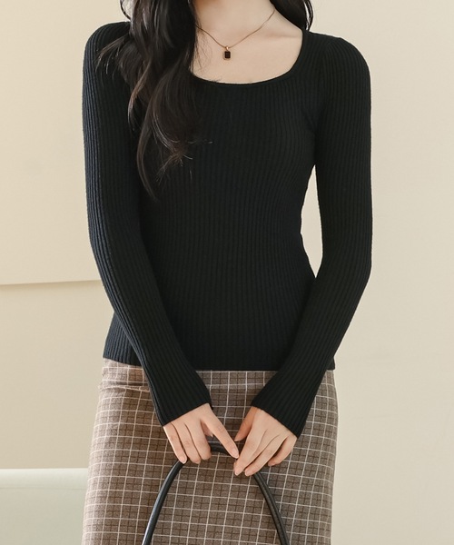 Lace Ladies(レースレディース)の「ソリッドカラー スクエアネック 長袖 リブ ニット プルオーバー(ニット/セーター・レディース・モカ/ホワイト/ブラウン/ブラック/アイボリー/グレー・FREE)」の10枚目の写真