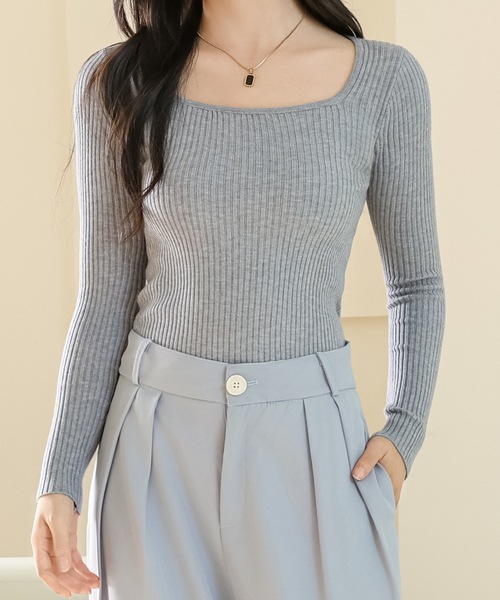 Lace Ladies(レースレディース)の「ソリッドカラー スクエアネック 長袖 リブ ニット プルオーバー(ニット/セーター・レディース・モカ/ホワイト/ブラウン/ブラック/アイボリー/グレー・FREE)」の16枚目の写真