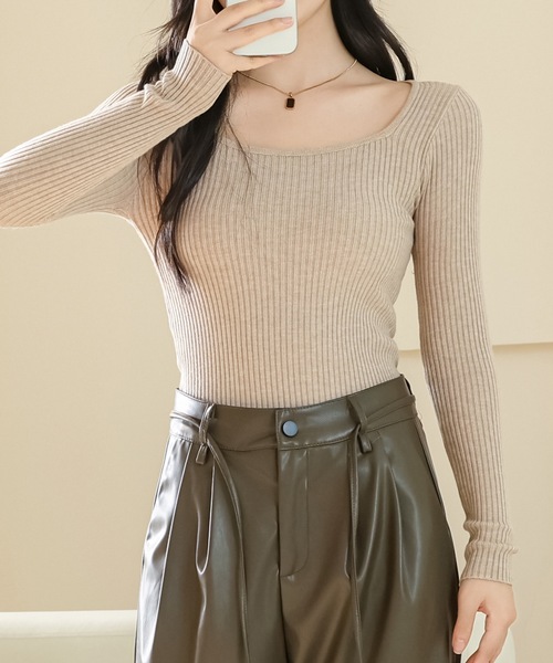 Lace Ladies(レースレディース)の「ソリッドカラー スクエアネック 長袖 リブ ニット プルオーバー(ニット/セーター・レディース・モカ/ホワイト/ブラウン/ブラック/アイボリー/グレー・FREE)」の20枚目の写真