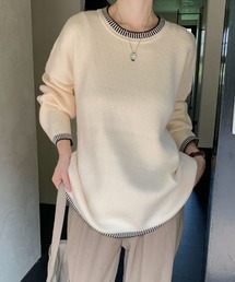 配色ステッチ風ジャガードクルーネックニットプルオーバー
