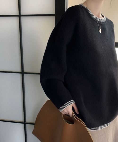 ECLIN（エクラン）の「配色ステッチ風ジャガードクルーネックニットプルオーバー（ニット/セーター・レディース・ベージュ/ブルーグレー/ブラック・FREE）」の4枚目の写真