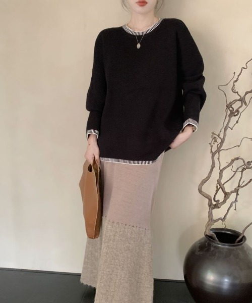 ECLIN（エクラン）の「配色ステッチ風ジャガードクルーネックニットプルオーバー（ニット/セーター・レディース・ベージュ/ブルーグレー/ブラック・FREE）」の5枚目の写真