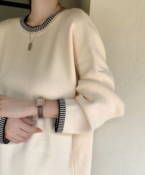 ECLIN（エクラン）の「配色ステッチ風ジャガードクルーネックニットプルオーバー（ニット/セーター・レディース・ベージュ/ブルーグレー/ブラック・FREE）」の7枚目の写真