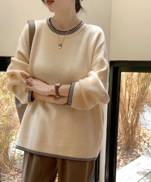 ECLIN（エクラン）の「配色ステッチ風ジャガードクルーネックニットプルオーバー（ニット/セーター・レディース・ベージュ/ブルーグレー/ブラック・FREE）」の8枚目の写真