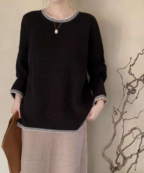 ECLIN（エクラン）の「配色ステッチ風ジャガードクルーネックニットプルオーバー（ニット/セーター・レディース・ベージュ/ブルーグレー/ブラック・FREE）」の9枚目の写真