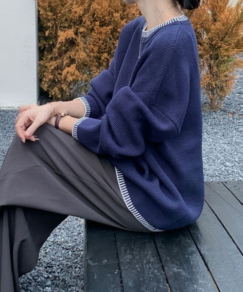 ECLIN（エクラン）の「配色ステッチ風ジャガードクルーネックニットプルオーバー（ニット/セーター・レディース・ベージュ/ブルーグレー/ブラック・FREE）」の11枚目の写真