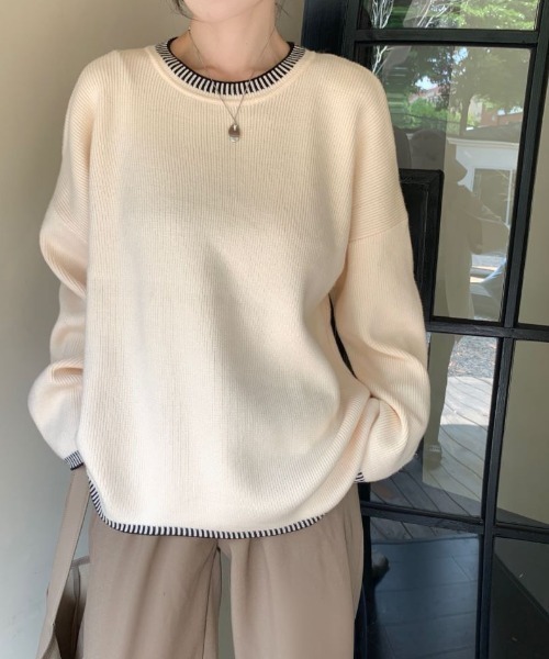 ECLIN（エクラン）の「配色ステッチ風ジャガードクルーネックニットプルオーバー（ニット/セーター・レディース・ベージュ/ブルーグレー/ブラック・FREE）」の12枚目の写真