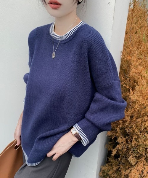 ECLIN（エクラン）の「配色ステッチ風ジャガードクルーネックニットプルオーバー（ニット/セーター・レディース・ベージュ/ブルーグレー/ブラック・FREE）」の13枚目の写真