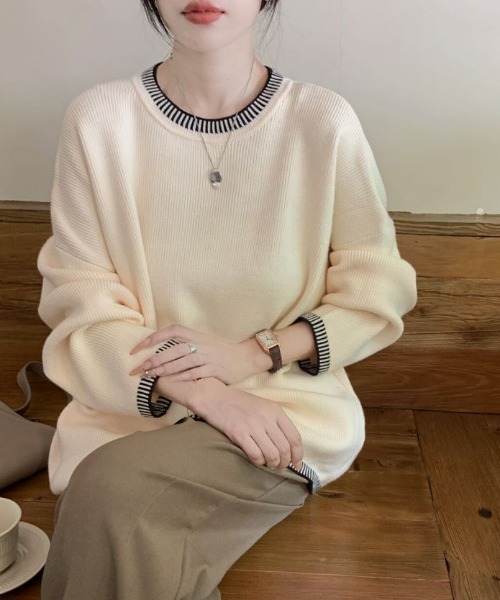 ECLIN（エクラン）の「配色ステッチ風ジャガードクルーネックニットプルオーバー（ニット/セーター・レディース・ベージュ/ブルーグレー/ブラック・FREE）」の18枚目の写真