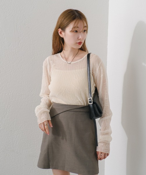 Kastane（カスタネ）の「【4色展開】ランダムチュールメローTEE（Tシャツ/カットソー・レディース・ブラウン/ピンク/アイボリー/チャコールグレー・FREE）」の6枚目の写真