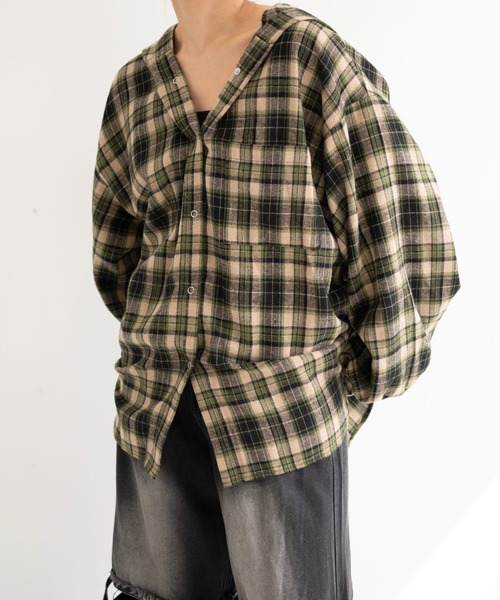 dispark(ディスパーク)の「DISPARK/キャップフーディーチェックシャツ(シャツ/ブラウス・レディース・グリーン/ブラック・FREE)」の1枚目の写真