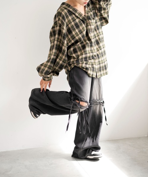 dispark(ディスパーク)の「DISPARK/キャップフーディーチェックシャツ(シャツ/ブラウス・レディース・グリーン/ブラック・FREE)」の4枚目の写真