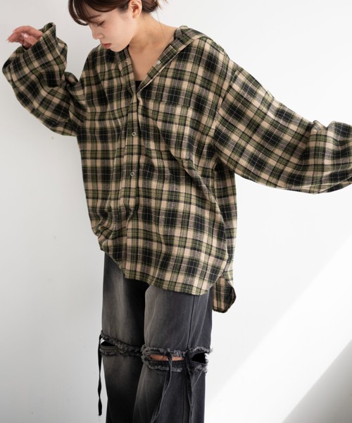 dispark(ディスパーク)の「DISPARK/キャップフーディーチェックシャツ(シャツ/ブラウス・レディース・グリーン/ブラック・FREE)」の10枚目の写真