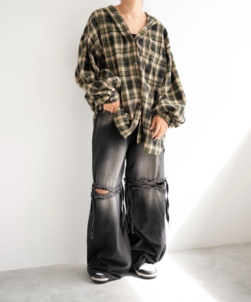 dispark(ディスパーク)の「DISPARK/キャップフーディーチェックシャツ(シャツ/ブラウス・レディース・グリーン/ブラック・FREE)」の12枚目の写真