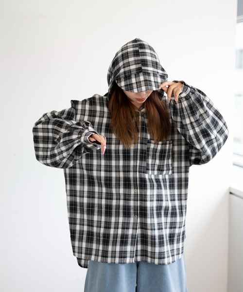 dispark(ディスパーク)の「DISPARK/キャップフーディーチェックシャツ(シャツ/ブラウス・レディース・グリーン/ブラック・FREE)」の5枚目の写真