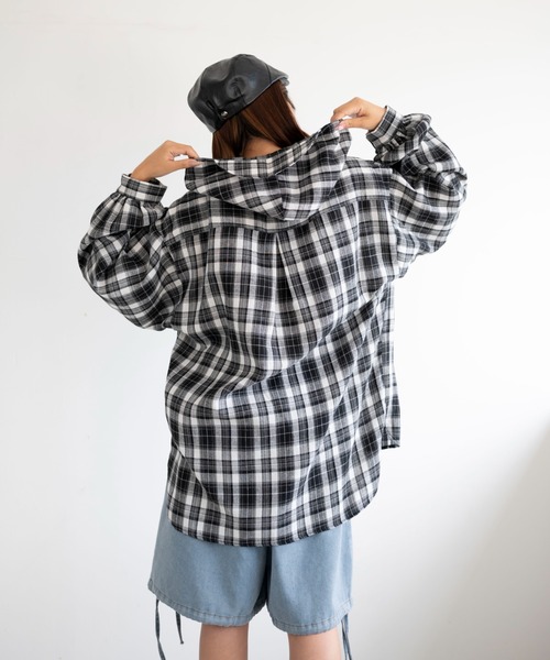 dispark(ディスパーク)の「DISPARK/キャップフーディーチェックシャツ(シャツ/ブラウス・レディース・グリーン/ブラック・FREE)」の6枚目の写真