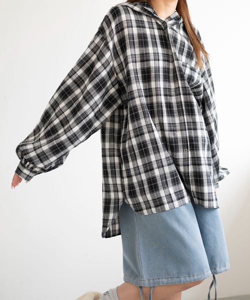 dispark(ディスパーク)の「DISPARK/キャップフーディーチェックシャツ(シャツ/ブラウス・レディース・グリーン/ブラック・FREE)」の7枚目の写真