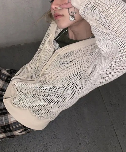 MEMECLE（メメクル）の「【 MEMECLE / メメクル 】シースルー ルーズメッシュパーカー（パーカー・レディース・ブラック/ホワイト・M/L）」の7枚目の写真