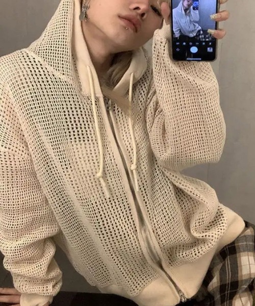 MEMECLE（メメクル）の「【 MEMECLE / メメクル 】シースルー ルーズメッシュパーカー（パーカー・レディース・ブラック/ホワイト・M/L）」の10枚目の写真