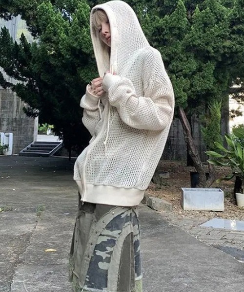 MEMECLE（メメクル）の「【 MEMECLE / メメクル 】シースルー ルーズメッシュパーカー（パーカー・レディース・ブラック/ホワイト・M/L）」の11枚目の写真