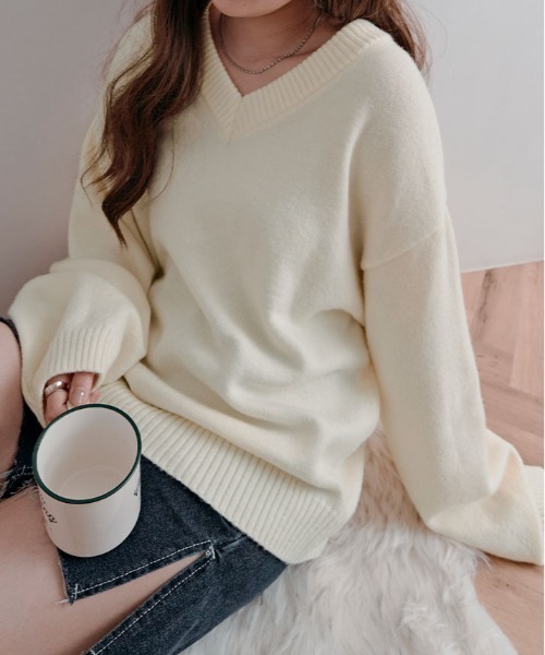 kirakiraShop（キラキラショップ）の「絶妙な抜け感でこなれる。オーバーサイズ ニット プルオーバー（ニット/セーター・レディース・グレー/ブルー/ベージュ/ピンク/ワイン/アイボリー/ブラウン/グリーン系/ブルー系・FREE）」の13枚目の写真
