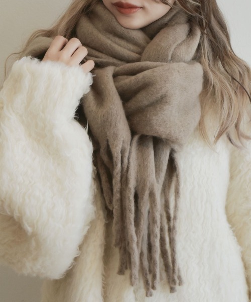 マフラー・ストール WOOALONG Fuzzy muffler BLACK WL244KMF01WBLK フラッフィーフリンジマフラー／fluffy fringe muffler ストール