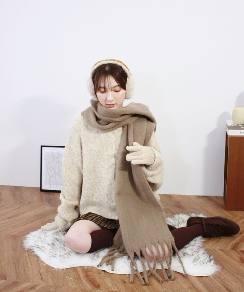 シールームリン　Fringeフーディーマフラー　 ブラウン ミニミニストア miniministore ドット柄 大判マフラーフリンジストール