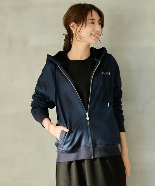 Arnold Palmer（アーノルドパーマー）の「ピーチ 裏シャギー シェア チェックプリント ジップパーカー（パーカー・レディース・杢グレー/ネイビー・L/M/S/XS/LL）」の17枚目の写真