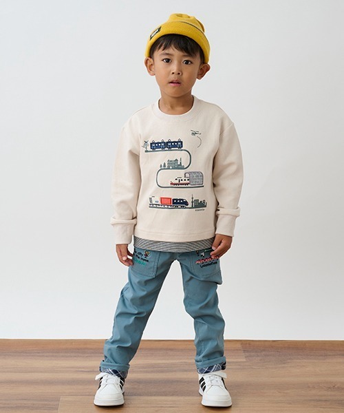 kladskap(クレードスコープ)の「電車アップリケ裾ボーダートレーナー(スウェット・キッズ・レッド/ライトベージュ・80cm/90cm/100cm/110cm/120cm)」の5枚目の写真