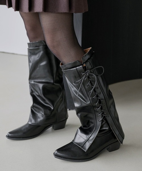 UNE MANSION（ユヌマンション）の「5㎝ヒールレースアップレイヤードリボンブラックロングブーツ（ブーツ・レディース・ブラック・25.0cm/24.0cm/23.0cm）」の14枚目の写真