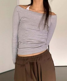 オフショルダー 長袖ボーダーTシャツ ロン T