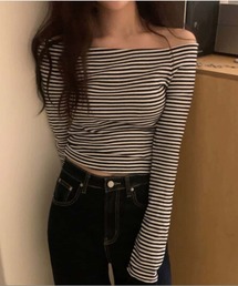 オフショルダー 長袖ボーダーTシャツ ロン T