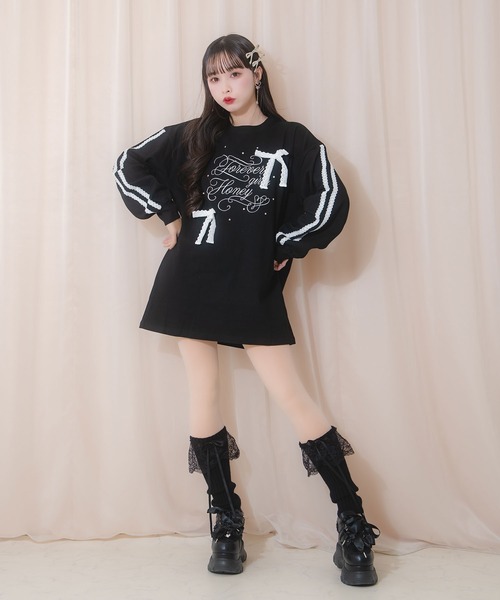Honey Cinnamon(ハニーシナモン)の「レースラインロゴ刺繍リボンロンT(Tシャツ/カットソー・レディース・ブラック/ピンク・FREE)」の5枚目の写真