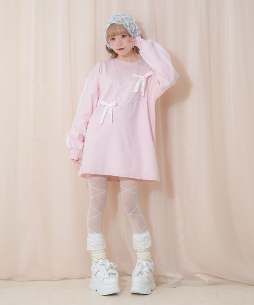 Honey Cinnamon(ハニーシナモン)の「レースラインロゴ刺繍リボンロンT(Tシャツ/カットソー・レディース・ブラック/ピンク・FREE)」の11枚目の写真