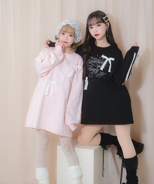 Honey Cinnamon(ハニーシナモン)の「レースラインロゴ刺繍リボンロンT(Tシャツ/カットソー・レディース・ブラック/ピンク・FREE)」の14枚目の写真