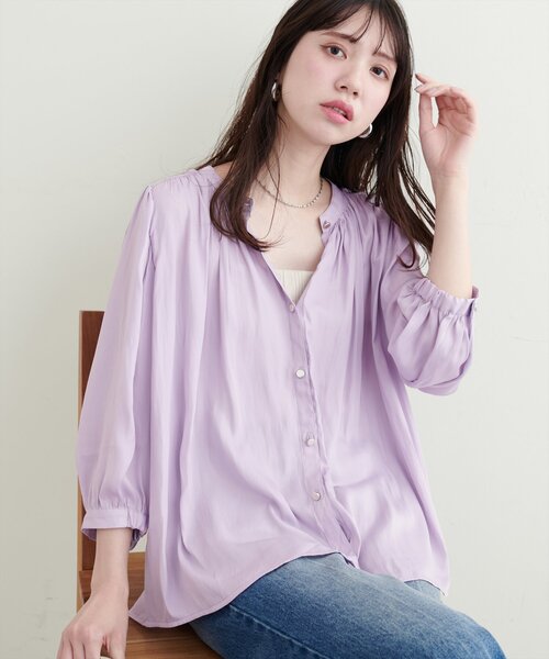 natural couture（ナチュラルクチュール）の「とろみサテン7分袖ブラウス（シャツ/ブラウス・レディース・アイボリー/ピンクベージュ/サックスブルー/グレイッシュベージュ/チャコールグレー/ラベンダー/ネイビー/ドット/ストライプ・FREE）」の10枚目の写真