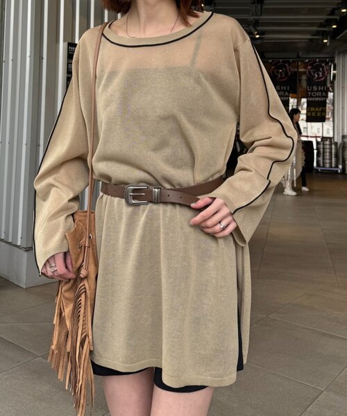 CIAOPANIC TYPY（チャオパニックティピー）の「配色ラインシアーチュニック（ニット/セーター・レディース・ベージュ/チャコールグレー/オフホワイト・ONE SIZE）」の3枚目の写真