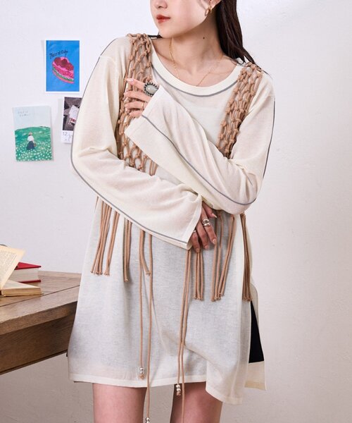 【絶品】 セール】配色ラインシアーチュニック（ニット/セーター トップス